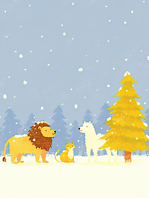 JPG 동물 행복 겨울 일러스트 자연 하늘 함께함 따뜻함 풍경 친구 모임 만남 흰색 숲 포근함 사자 즐거움 북극곰 여우 국내일러스트 AI일러스트 AI콘텐츠 계절 감정 컬러 컨셉 곰 포유류 관계 감각 생태계 파일형식