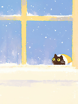 JPG 감정 예술 겨울 일러스트 창문 자연 반려동물 평화 고양이 눈송이 창가 동물그림 겨울풍경 국내일러스트 동물 계절 컨셉 포유류 눈_날씨 풍경 생태계 파일형식