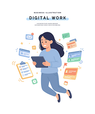 여자 일러스트 커뮤니케이션 기술 관리 태블릿 자료 정보 업무 작업 이메일 어플리케이션 알림 편리함 소통 경영 서류판 국내일러스트 AI파일 컨셉 비즈니스 사람 전자제품 스마트기기 사무용품 파일형식 벡터