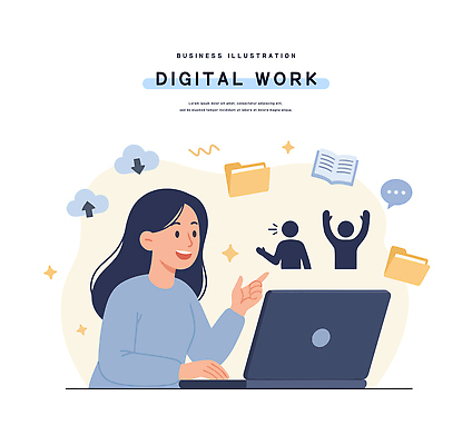 행복 일러스트 모션 협력 직장 기술 미소 사람 책 컴퓨터 환경 디지털 자료 성장 업무 작업 발전 파일 클라우드서비스 소통 국내일러스트 AI파일 감정 컨셉 회사 표정 전자제품 서비스 파일형식 벡터