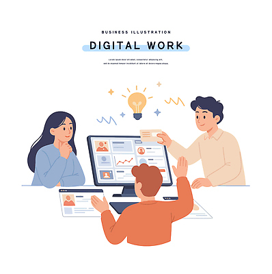 일러스트 회사 비즈니스 회의 협력 아이디어 직장 여러명 컴퓨터 사무실 토론 집중 프레젠테이션 전략 공유 소통 창의성 브레인스토밍 국내일러스트 AI파일 다수 컨셉 사람 전자제품 파일형식 벡터