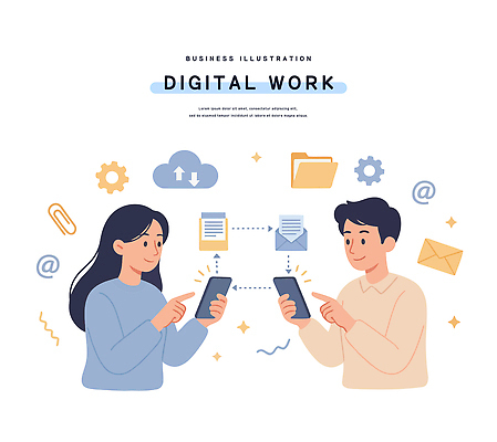 일러스트 비즈니스 모션 커뮤니케이션 협력 기술 스마트폰 디지털 자료 정보 작업 사무 메시지 이메일 온라인 클라우드서비스 소통 국내일러스트 AI파일 컨셉 핸드폰 스마트기기 업무 서비스 파일형식 벡터