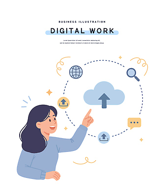 여자 상징 인터넷 일러스트 비즈니스 기술 관리 설명 그래픽 컴퓨터 디지털 자료 정보 작업 네트워크 연결 온라인 클라우드서비스 소통 업로드 국내일러스트 AI파일 컨셉 모션 사람 전자제품 서비스 파일형식 벡터