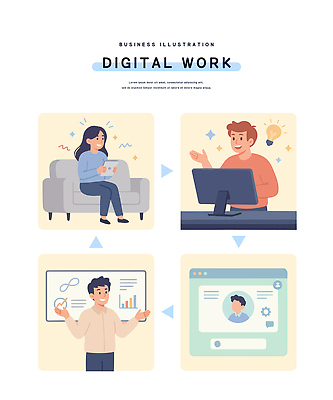 디자인 교육 일러스트 비즈니스 모션 모바일 기술 사람 그래픽 스마트폰 컴퓨터 소파 환경 디지털 스크린 기계 작업 프레젠테이션 창의성 상호작용 국내일러스트 AI파일 의자 전자제품 핸드폰 스마트기기 파일형식 벡터