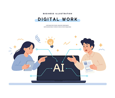일러스트 비즈니스 통신 커뮤니케이션 협력 아이디어 직장 기술 대화 두명 노트북 태블릿 장비 정보 업무 분석 혁명 Creativity AI_인공지능 국내일러스트 AI파일 컨셉 회사 말하기 사람 전자제품 스마트기기 작업 파일형식 벡터