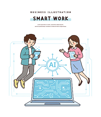 여자 남자 일러스트 커뮤니케이션 협력 직장 기술 노트북 디지털 자료 업무 혁명 창의성 프로그램 상호작용 AI_인공지능 국내일러스트 AI파일 컨셉 회사 사람 전자제품 작업 파일형식 벡터
