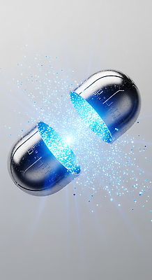 JPG 편집이미지 디자인 과학 의학 기술 건강 파란색 빛 반짝임 알약 약 입자 분해 혁명 효과 이미지편집 AI컴퓨터그래픽 AI콘텐츠 컬러 컨셉 모션 파일형식