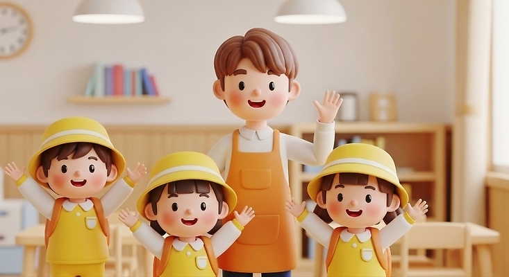 JPG 편집이미지 교육 어린이 교실 모션 놀이 웃음 안전 학습 교사 유치원 유치원생 즐거움 유치원복 손흔들기 편집3D AI컴퓨터그래픽 AI콘텐츠 직업 옷 감정 학교 표정 사람 3D 파일형식