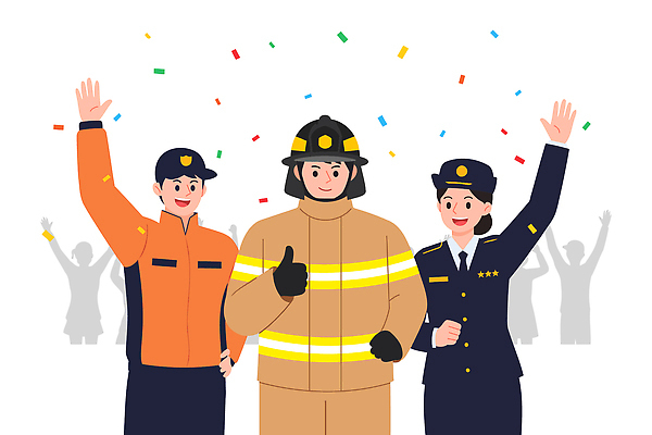 기념일 유니폼 일러스트 응원 협력 안전 이벤트 친구 축제 기쁨 축하 경찰 소방관 즐거움 커뮤니티 손흔들기 연대 존경 국내일러스트 AI파일 직업 옷 감정 컨셉 관계 모션 구조원 소방 파일형식 벡터