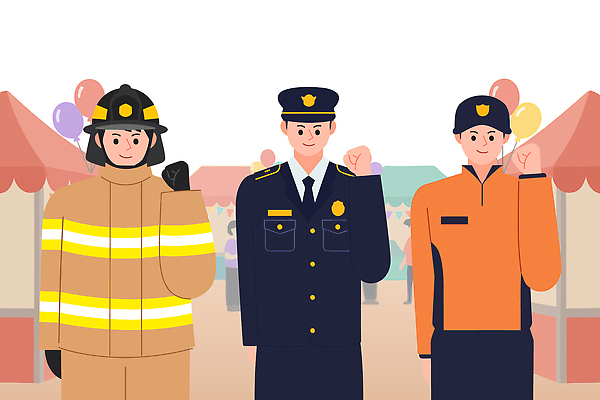 예술 일러스트 모션 협력 기념 웃음 안전 여러명 축제 경찰 소방관 즐거움 서비스 커뮤니티 풍선 시민 공동체 밝은색 국내일러스트 AI파일 직업 감정 다수 표정 사람 구조원 소방 국민 파일형식 벡터