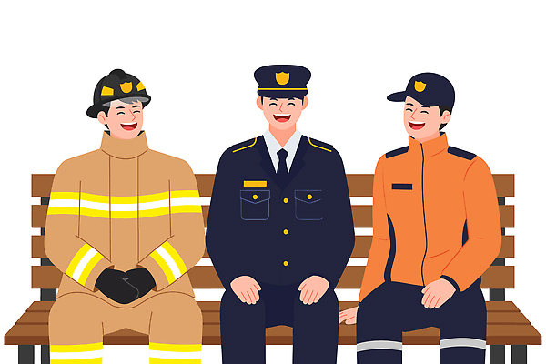 직업 공원 유니폼 벤치 일러스트 협력 휴식 대화 웃음 안전 친구 햇빛 장비 업무 경찰 소방관 즐거움 시민 친목 오후 의무 국내일러스트 AI파일 옷 공공시설 감정 컨셉 의자 관계 표정 말하기 태양 작업 구조원 소방 국민 파일형식 벡터