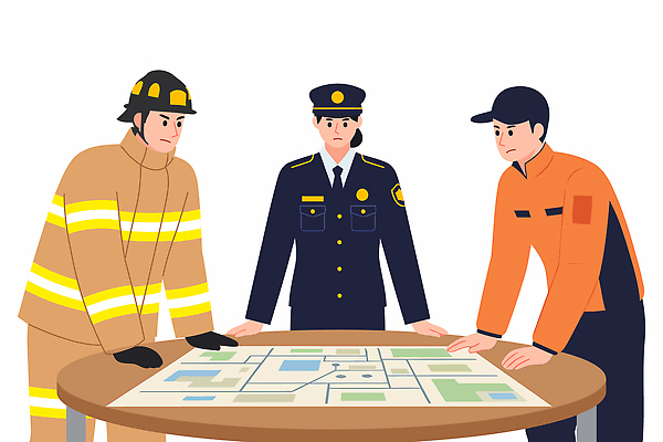 지도 일러스트 회의 협력 안전 경찰 계획 소방관 구조원 소방 연습 응급상황 지역사회 국내일러스트 AI파일 직업 컨셉 비즈니스 응급 파일형식 벡터
