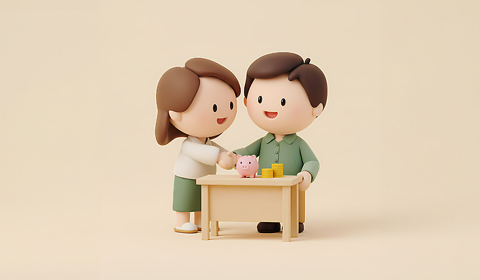 JPG 편집이미지 부부 교육 행복 돈 가정 가족 탁자 대화 웃음 동전 저축 저금통 계획 편집3D AI컴퓨터그래픽 AI콘텐츠 커플 감정 가구 컨셉 관계 표정 말하기 금융 3D 재산 파일형식