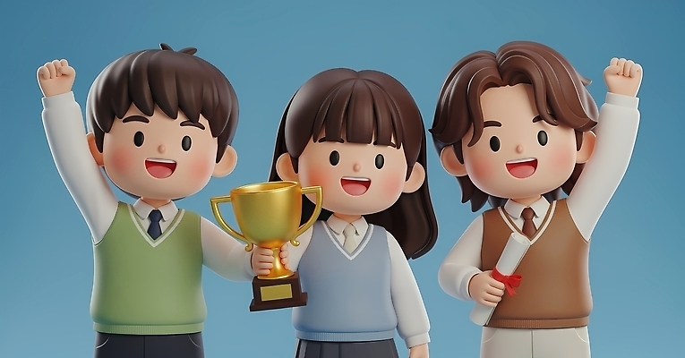 교육 감정 컨셉 관계 표정 3D 상_우승 파일형식 AI콘텐츠 학생 트로피 기쁨 성공 그룹 축하 웃음 모션 친구 즐거움 표현 긍정적 학교 편집이미지 편집3D JPG AI컴퓨터그래픽