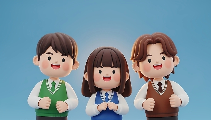 관계 표정 사람 파란색 3D 외투 파일형식 AI콘텐츠 학생 웃음 세명 조끼 밝음 하늘색 친구 캐릭터 어린이 편집이미지 편집3D JPG AI컴퓨터그래픽