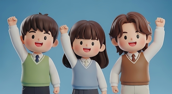JPG 편집이미지 캐릭터 학생 디자인 교복 컬러 응원 모션 협력 웃음 친구 표현 즐거움 손흔들기 상호작용 편집3D AI컴퓨터그래픽 AI콘텐츠 옷 감정 관계 표정 3D 파일형식