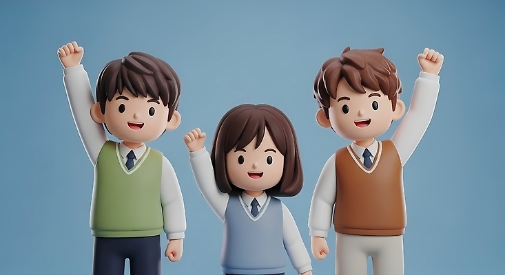 감정 백그라운드 관계 모션 사람 파란색 3D 파일형식 AI콘텐츠 손들기 기쁨 자신감 파란배경 행복 표정 옷 캐릭터 동아리 협력 친구 세명 편집이미지 편집3D JPG AI컴퓨터그래픽