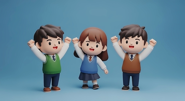 여자 남자 감정 어린이 인형 컬러 관계 놀이 사람 신체부위 3D 파일형식 AI콘텐츠 학생 기쁨 손 파란색 옷 소년 소녀 포즈 인형놀이 친구 캐릭터 편집이미지 편집3D JPG AI컴퓨터그래픽