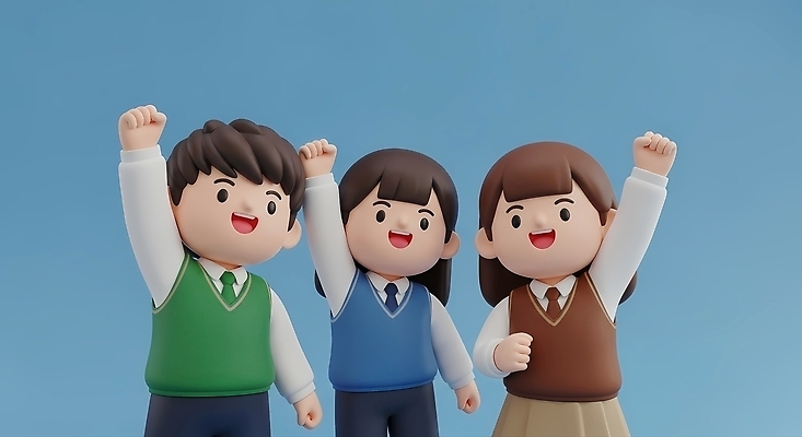 JPG 편집이미지 학생 교복 어린이 학교 모션 청소년 웃음 친구 기쁨 축하 즐거움 손흔들기 해맑음 편집3D AI컴퓨터그래픽 AI콘텐츠 옷 교육 감정 컨셉 관계 표정 사람 3D 파일형식