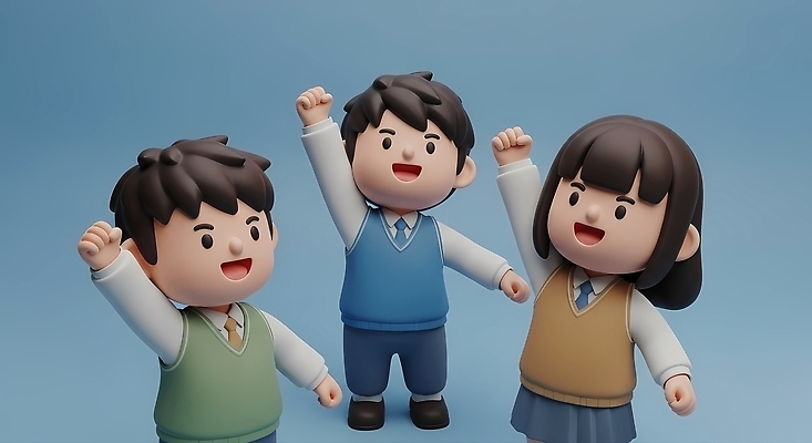 JPG 편집이미지 행복 교복 어린이 학교 모션 표정 소녀 소년 파란색 친구 기쁨 즐거움 소통 편집3D AI컴퓨터그래픽 AI콘텐츠 옷 여자 교육 남자 감정 컬러 컨셉 관계 사람 3D 파일형식