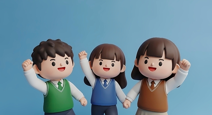 감정 컬러 컨셉 관계 신체부위 3D 파일형식 AI콘텐츠 학생 기쁨 함께함 손 높이 밝음 표정 파란색 옷 친구 액션 즐거움 편집이미지 편집3D JPG AI컴퓨터그래픽