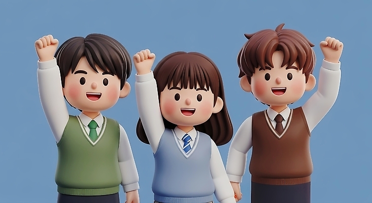 JPG 편집이미지 학생 손 교육 행복 응원 모션 표정 밝음 세명 파란색 친구 기쁨 그룹 스웨터 편집3D AI컴퓨터그래픽 AI콘텐츠 감정 컬러 상의 관계 사람 신체부위 3D 파일형식
