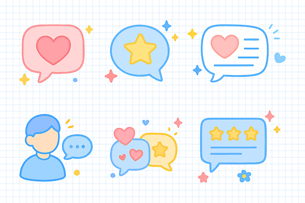 디자인 감정 별 일러스트 이야기 대화 사람 그래픽 하트 댓글 소통 리뷰 반응 별점 소셜미디어 피드백 사용자 국내일러스트 AI파일 자연요소 모양 컨셉 말하기 점수 평가 파일형식 벡터