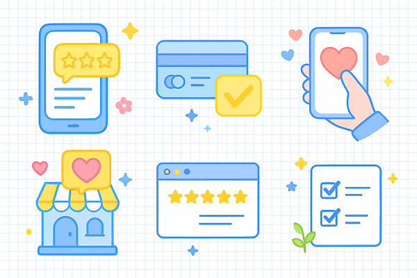 일러스트 스마트폰 장보기 홈페이지 디지털 거래 구매 쇼핑몰 고객 알림 결제 온라인쇼핑 평가 리뷰 별점 체크리스트 피드백 국내일러스트 AI파일 핸드폰 스마트기기 쇼핑 점수 온라인 파일형식 벡터