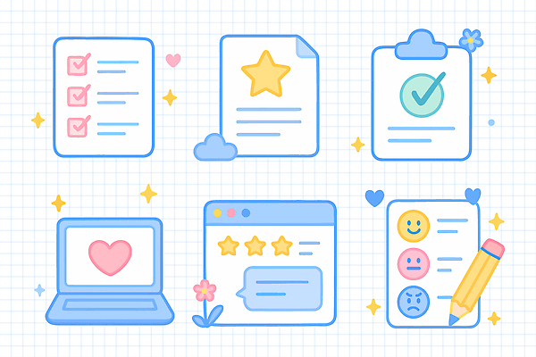 디자인 감정 별 컬러 일러스트 성공 사랑 그래픽 컴퓨터 홈페이지 결과 문서 방문 평가 리뷰 별점 체크리스트 피드백 국내일러스트 AI파일 자연요소 컨셉 전자제품 점수 파일형식 벡터