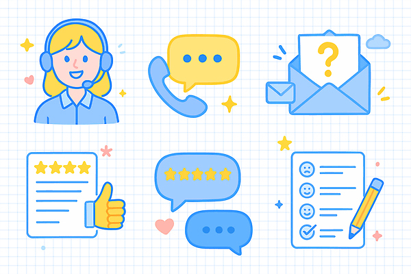 일러스트 기술 대화 도움 이메일 상담원 질문 추천 텔레마케팅 통화 문의 해결 소통 리뷰 별점 응답 체크리스트 피드백 상호작용 국내일러스트 AI파일 컨셉 모션 말하기 사무원 서비스업 점수 평가 파일형식 벡터
