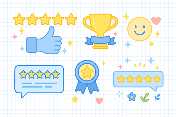 디자인 감정 스티커 일러스트 성공 웃음 그래픽 기쁨 표현 트로피 만족 의견 긍정적 리뷰 별점 피드백 아기자기 국내일러스트 AI파일 컨셉 표정 상_우승 점수 평가 파일형식 벡터