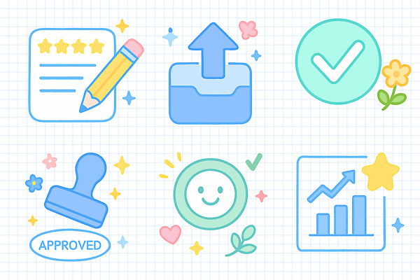 디자인 컬러 일러스트 그래프 도장 디지털 기쁨 결과 프레젠테이션 문서 긍정 소통 리뷰 메신저 별점 서류판 승인 제출 국내일러스트 AI파일 감정 컨셉 사무용품 점수 평가 파일형식 벡터
