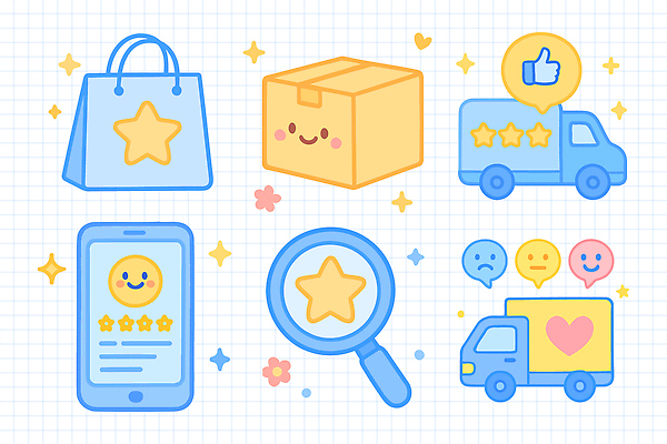 디자인 일러스트 웃음 스마트폰 상자 픽토그램 쇼핑백 귀여움 트럭 상품 고객 배송 스타 온라인쇼핑 평가 리뷰 별점 피드백 국내일러스트 AI파일 컨셉 가방 자동차 표정 핸드폰 스마트기기 쇼핑 점수 온라인 파일형식 벡터