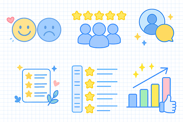 디자인 일러스트 통계 대화 정보 성장 고객 분석 서비스 평가 의견 이모티콘 소통 개선 리뷰 리스트 별점 서류판 인원 피드백 국내일러스트 AI파일 컨셉 말하기 사무용품 점수 파일형식 벡터
