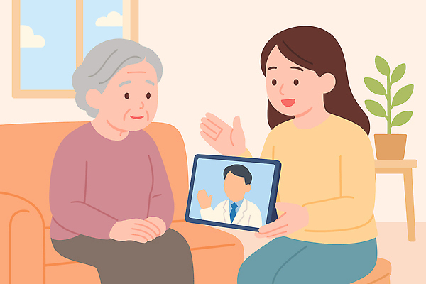 노년 할머니 거실 일러스트 의학 가족 기술 건강 사랑 일상 치료 태블릿 간호사 의사 편안함 간호 상담 소통 원격의료 홈케어 국내일러스트 AI파일 여자 감정 컨셉 관계 관리 성인 라이프 전자제품 스마트기기 진료 의료진 감각 원격 파일형식 벡터