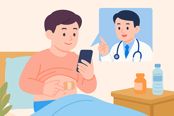 남자 일러스트 의학 건강 병원 치료 스마트폰 진료 의사 정보 침대 약병 질병 생수 상담 온라인 전문 회복 복부 원격의료 국내일러스트 AI파일 가구 컨셉 사람 신체부위 핸드폰 스마트기기 약 의료진 물병 원격 병_담는 파일형식 벡터