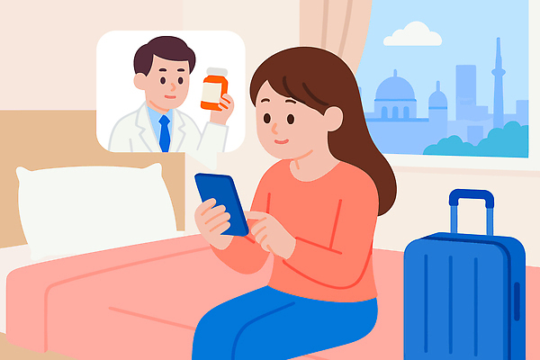 여자 여행 일러스트 창문 건강 병원 풍경 치료 스마트폰 약 스크린 진료 방 의사 정보 상담 통화 방문 소통 짐가방 원격의료 국내일러스트 AI파일 컨셉 가방 의학 모션 사람 핸드폰 스마트기기 의료진 원격 파일형식 벡터