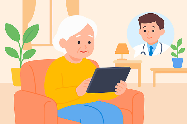 노년 거실 일러스트 의학 가정 기술 건강 사람 생활 치료 태블릿 디지털 의사 연령 모던 상담 소통 영상통화 원격의료 국내일러스트 AI파일 컨셉 성인 전자제품 스마트기기 진료 의료진 통화 원격 파일형식 벡터