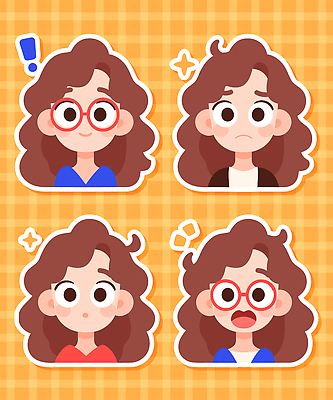 캐릭터 디자인 여자 감정 스티커 일러스트 갈색머리 표정 머리카락 귀여움 놀람 기쁨 슬픔 표현 감성 개성 당황 벡터 국내일러스트 AI파일 헤어스타일 컨셉 사람 머리 파일형식