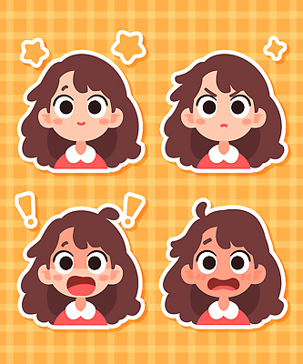 캐릭터 디자인 감정 스티커 일러스트 표정 소녀 귀여움 놀람 슬픔 분노 표현 즐거움 그림 색감 국내일러스트 AI파일 여자 어린이 컨셉 파일형식 벡터