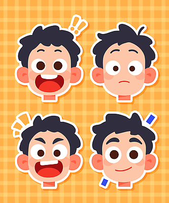 캐릭터 디자인 남자 행복 감정 얼굴 일러스트 무표정 표정 그래픽 놀람 기쁨 짜증 표현 즐거움 그림 격려 우울감 스타일 국내일러스트 AI파일 모션 사람 신체부위 파일형식 벡터