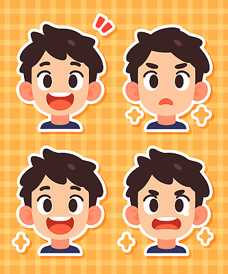캐릭터 디자인 행복 감정 얼굴 컬러 백그라운드 스티커 일러스트 수채화 표정 사랑 소년 놀람 기쁨 슬픔 분노 표현 국내일러스트 AI파일 남자 어린이 신체부위 파일형식 벡터