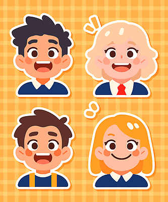 캐릭터 디자인 감정 컬러 백그라운드 생각 일러스트 표정 웃음 사람 소녀 소년 머리 귀여움 입 즐거움 그림 격자 국내일러스트 AI파일 여자 남자 어린이 컨셉 무늬 신체부위 파일형식 벡터