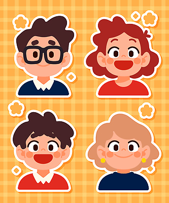 캐릭터 헤어스타일 디자인 행복 감정 백그라운드 스티커 일러스트 놀이 표정 웃음 친구 만남 표현 즐거움 개성 창의성 국내일러스트 AI파일 컨셉 관계 파일형식 벡터