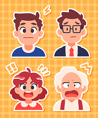 캐릭터 여자 남자 행복 감정 어린이 컬러 백그라운드 스티커 일러스트 표정 미소 놀람 분노 짜증 감각 좌절 당황 국내일러스트 AI파일 컨셉 사람 파일형식 벡터