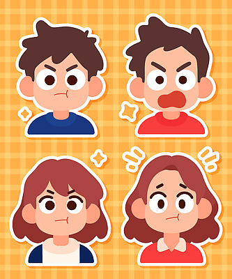 캐릭터 디자인 감정 스티커 일러스트 표정 대화 소녀 소년 그래픽 컬러풀 귀여움 분노 표현 좌절 그림 장면 창의력 국내일러스트 AI파일 여자 남자 어린이 컬러 컨셉 말하기 파일형식 벡터