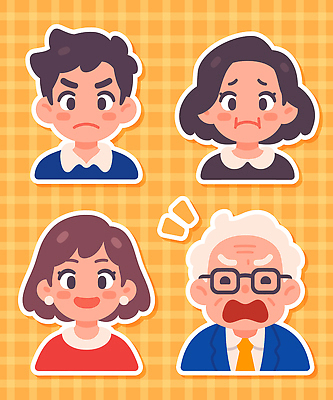 캐릭터 여자 노년 남자 감정 중년 스티커 일러스트 표정 이야기 사람 기쁨 만남 슬픔 분노 즐거움 불만 소통 국내일러스트 AI파일 컨셉 성인 파일형식 벡터