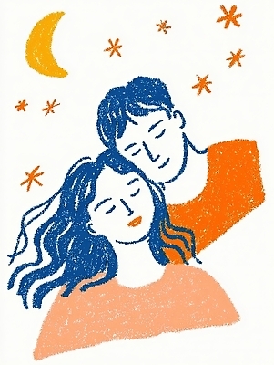 JPG 행복 감정 실루엣 별 예술 일러스트 관계 밤하늘 창조 사랑 미소 두명 표현 달빛 그림 국내일러스트 AI일러스트 AI콘텐츠 자연요소 하늘 촬영기법 표정 사람 달 야간 파일형식