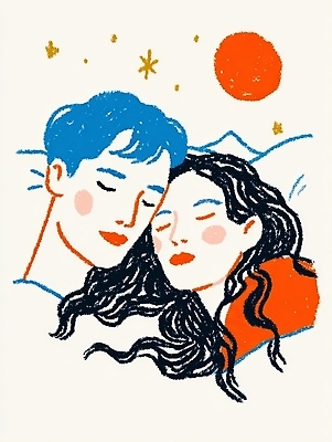 JPG 커플 행복 감정 별 얼굴 예술 일러스트 밤하늘 함께함 따뜻함 사랑 두명 태양 기댐 침대 잠 편안함 그림 순간 국내일러스트 AI일러스트 AI콘텐츠 자연요소 가구 컨셉 관계 모션 하늘 사람 신체부위 감각 야간 파일형식