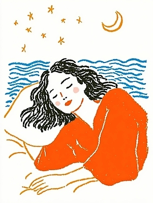 JPG 여자 별 예술 바다 일러스트 베개 자연 휴식 미소 풍경 해변 세계 평화 꿈 달 잠 수면 편안함 국내일러스트 자연요소 컨셉 침구 표정 사람 물 감각 생태계 파일형식